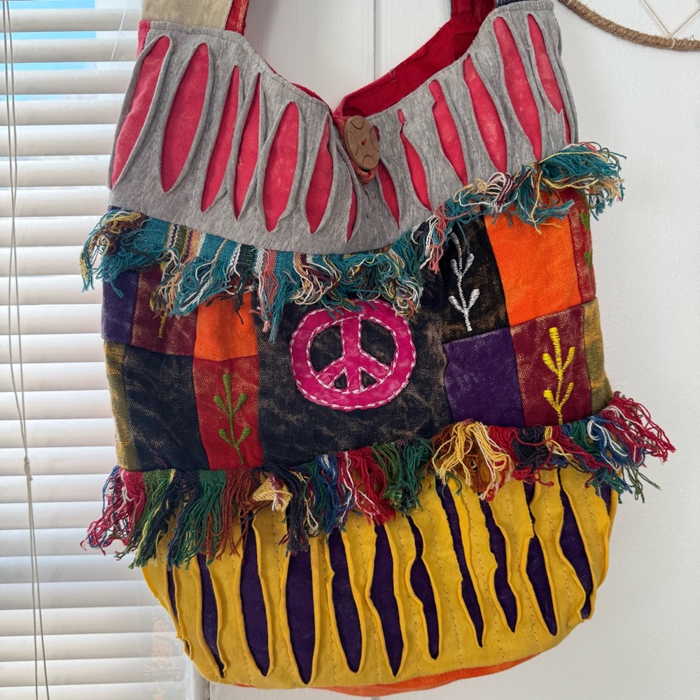 HIPPIE PEACE SIGN PATCHWORK COTTON TOTE - Picture 2 of 5